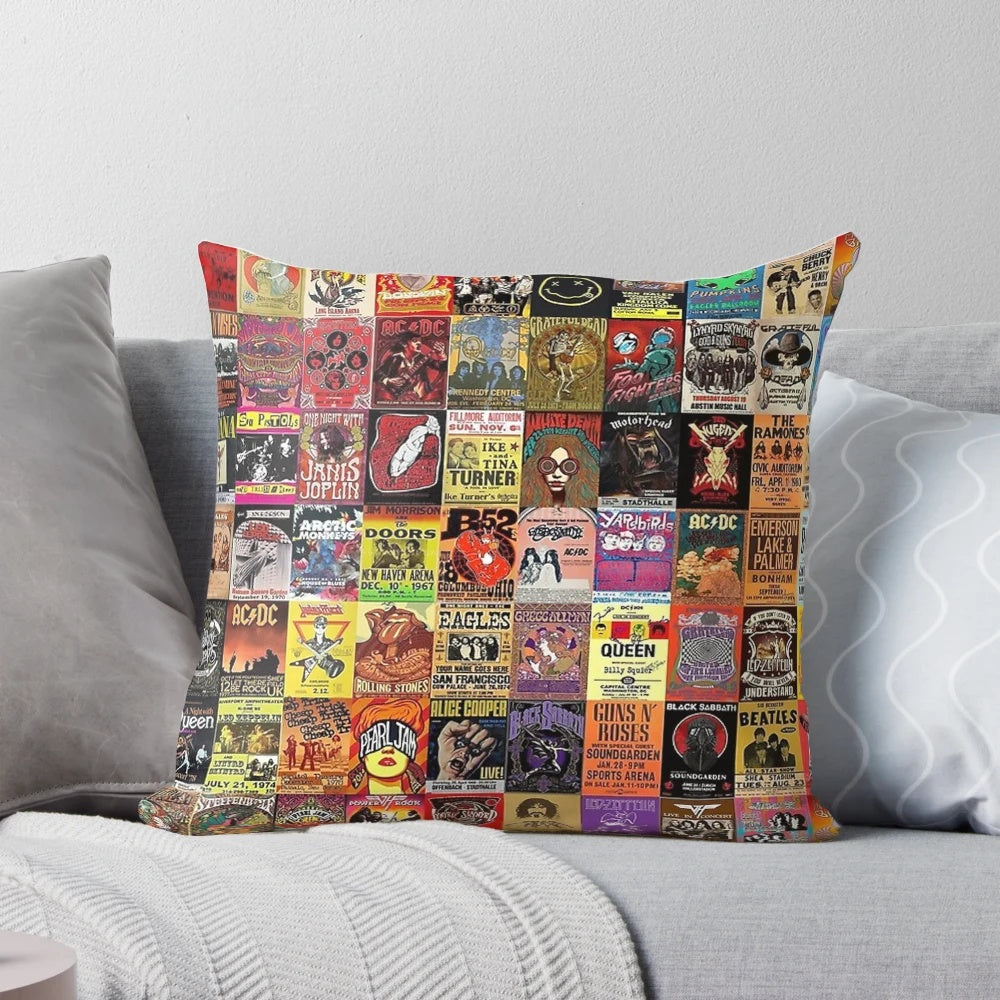 Vintage rock and music collage print on a cozy throw pillow