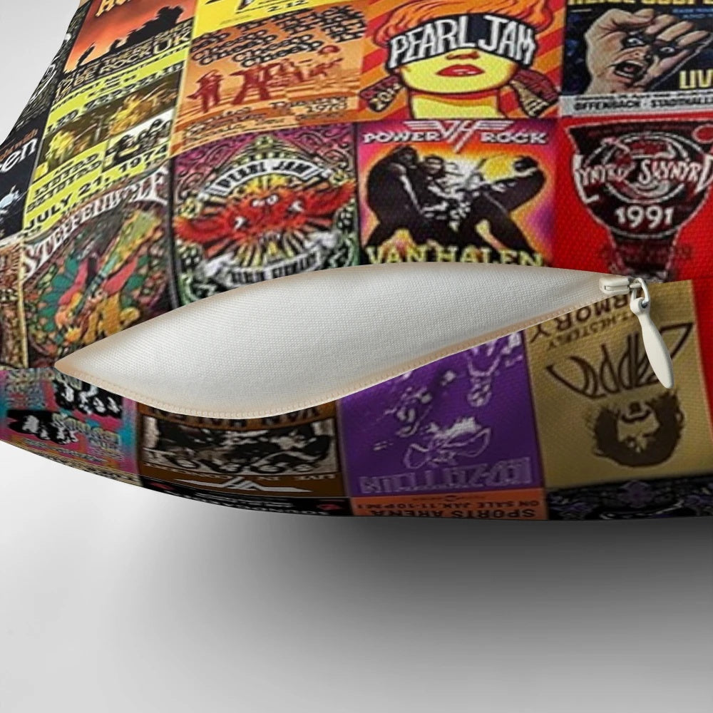 Vintage rock and music collage print on a cozy throw pillow