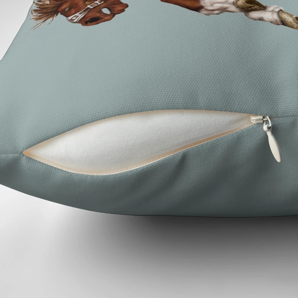 Vintage-style rodeo cowboy accent pillow with brown and white horse design
