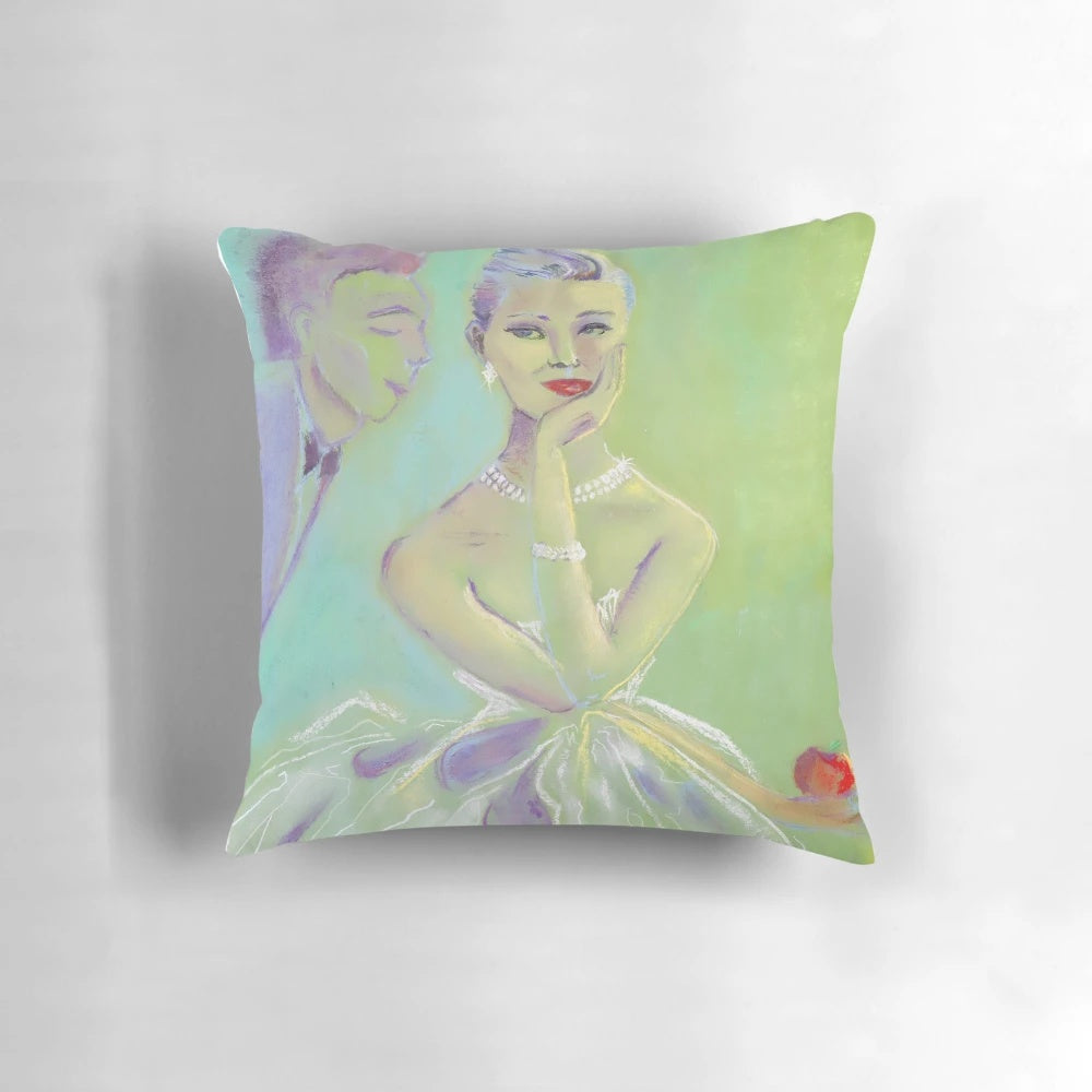 Vintage romantic couple pastel artwork printed on a soft, plush pillow