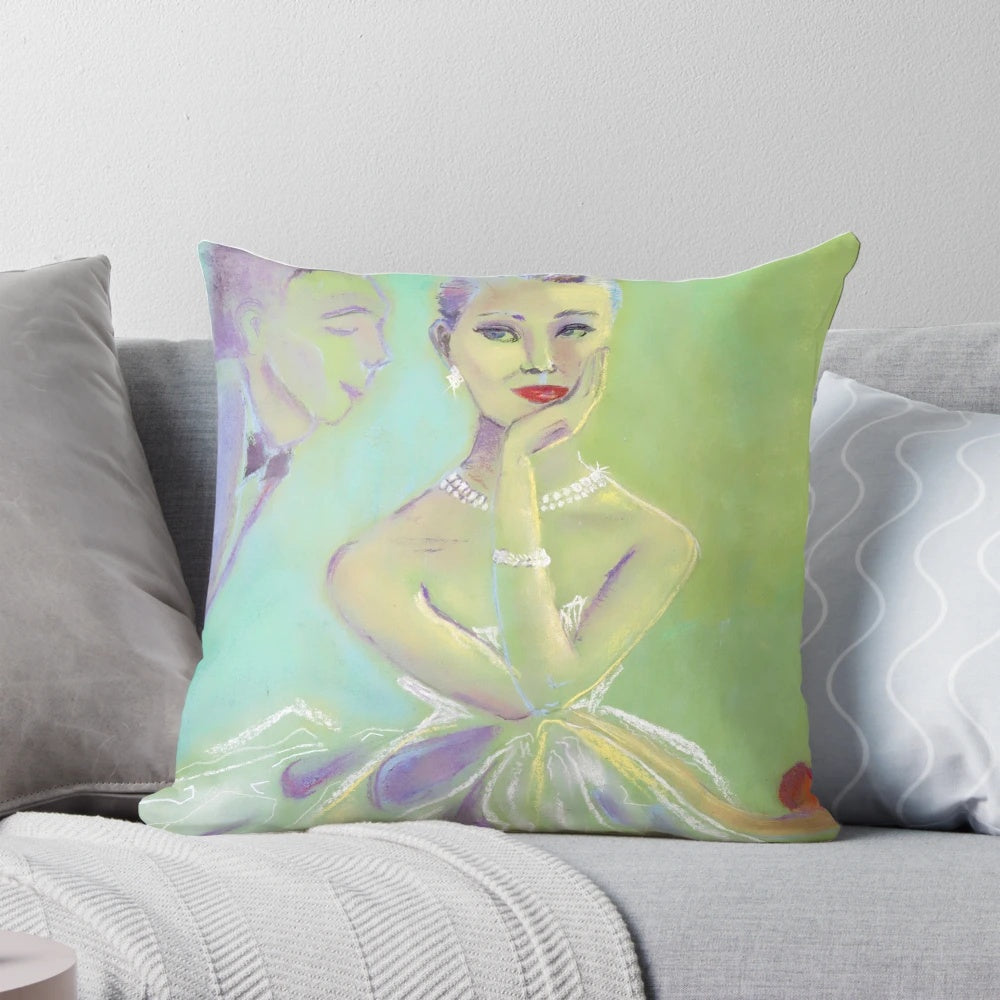 Vintage romantic couple pastel artwork printed on a soft, plush pillow