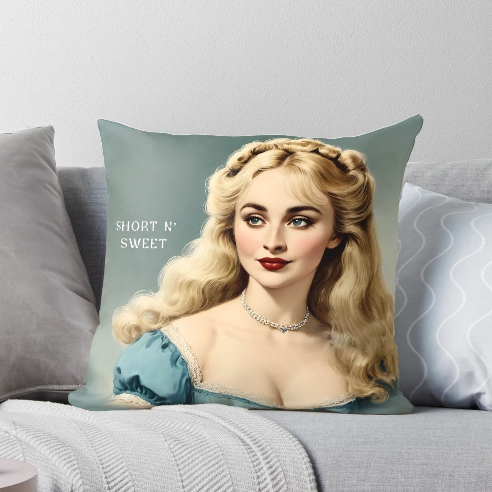 Vintage-inspired blue and espresso feather pillow designed by pop singer Sabrina Carpenter