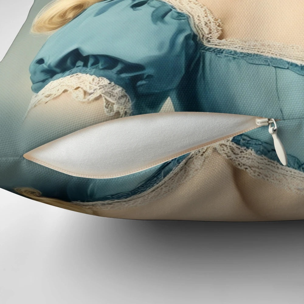Vintage-inspired blue and espresso feather pillow designed by pop singer Sabrina Carpenter