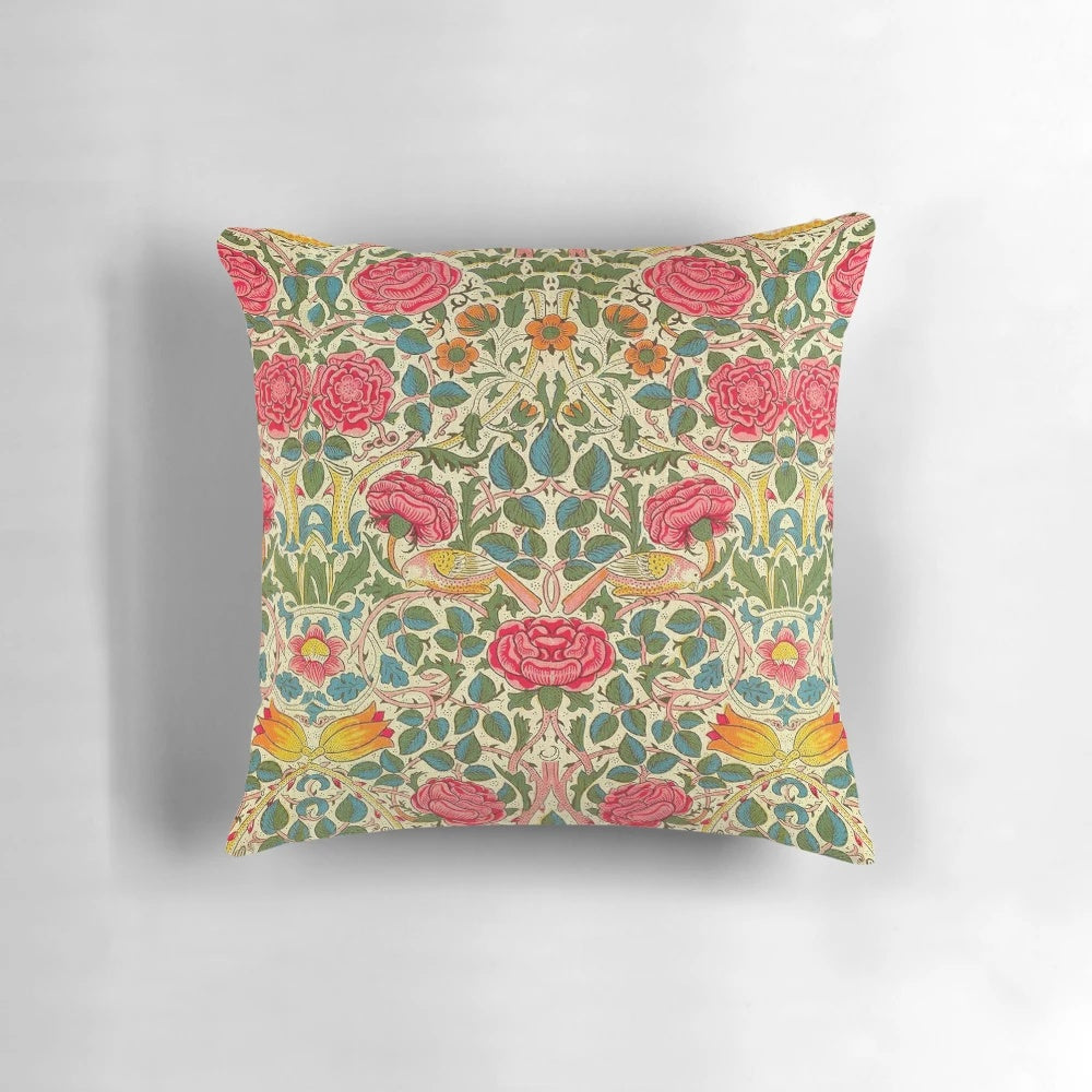 Vintage pink rose chintz pillow with classic William Morris floral pattern