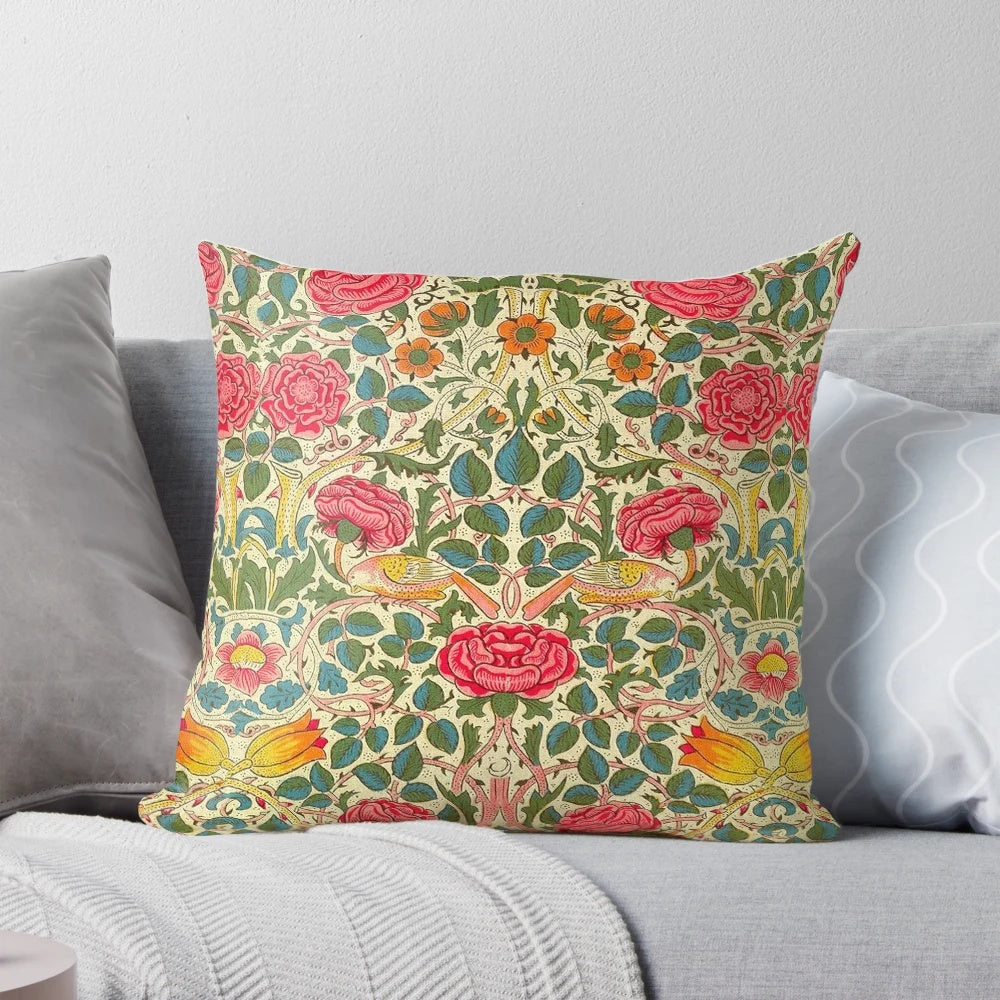 Vintage pink rose chintz pillow with classic William Morris floral pattern