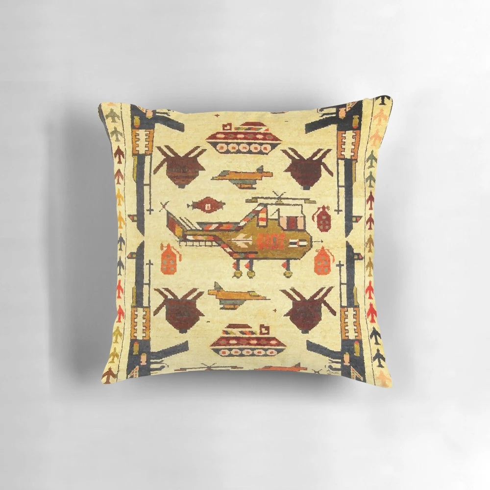 Vintage-inspired bohemian pillow with a colorful Afghan war rug pattern