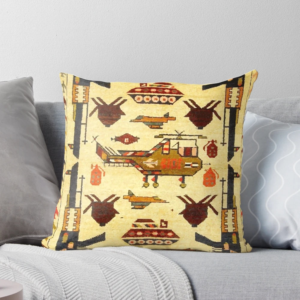 Vintage-inspired bohemian pillow with a colorful Afghan war rug pattern