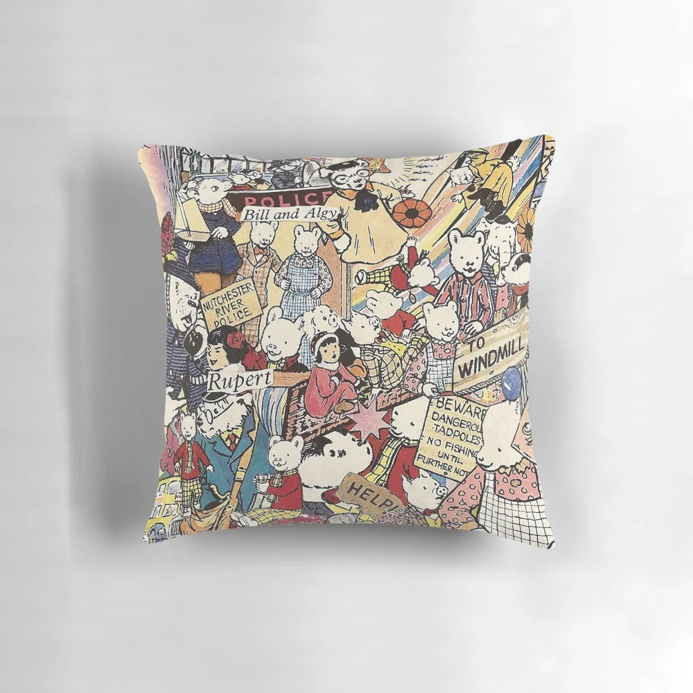 Vintage Rupert Bear Collage Pillow featuring beloved characters from the classic British cartoon