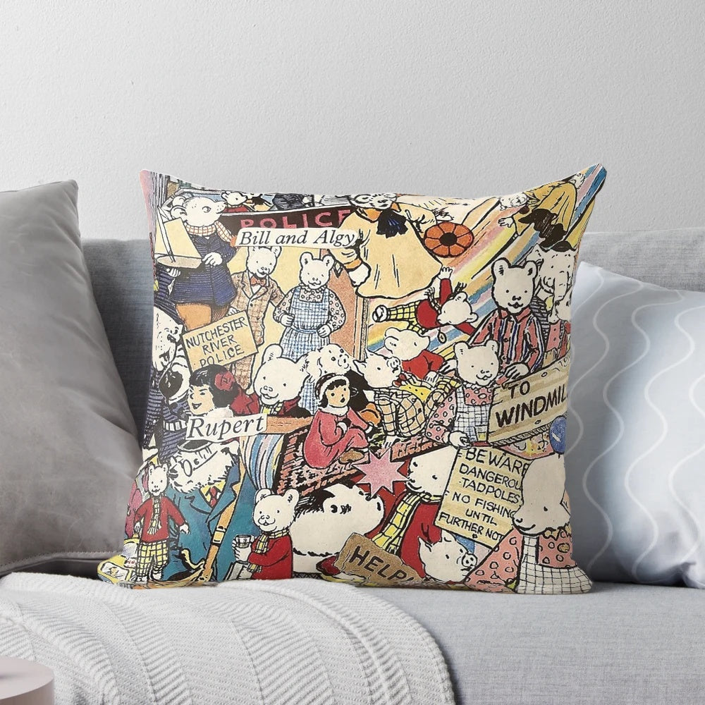 Vintage Rupert Bear Collage Pillow featuring beloved characters from the classic British cartoon