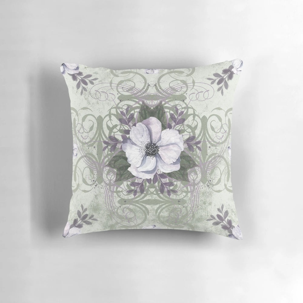 Vintage-style sage and lavender floral pattern throw pillow for calming home decor