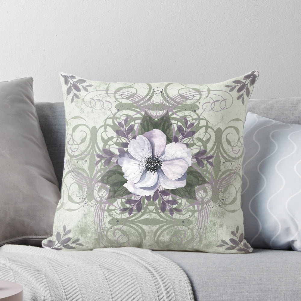 Vintage-style sage and lavender floral pattern throw pillow for calming home decor