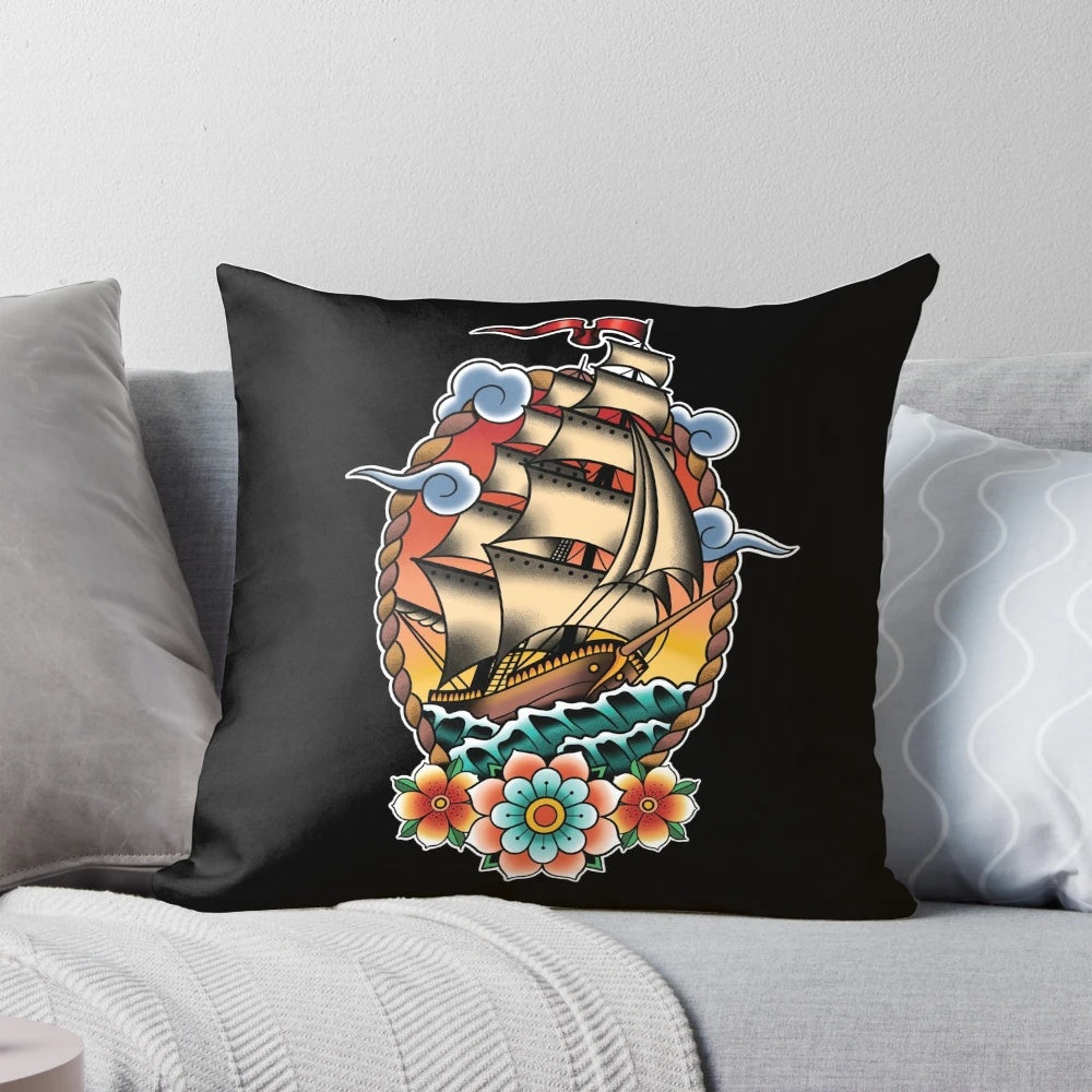 Vintage illustration of a traditional tattoo-style sailing ship or clipper ship on a decorative pillow for nautical home decor.