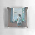 Vintage Salvador Dali painting "Woman at the Window" depicted on a colorful throw pillow with sailboats and a landscape in the background.