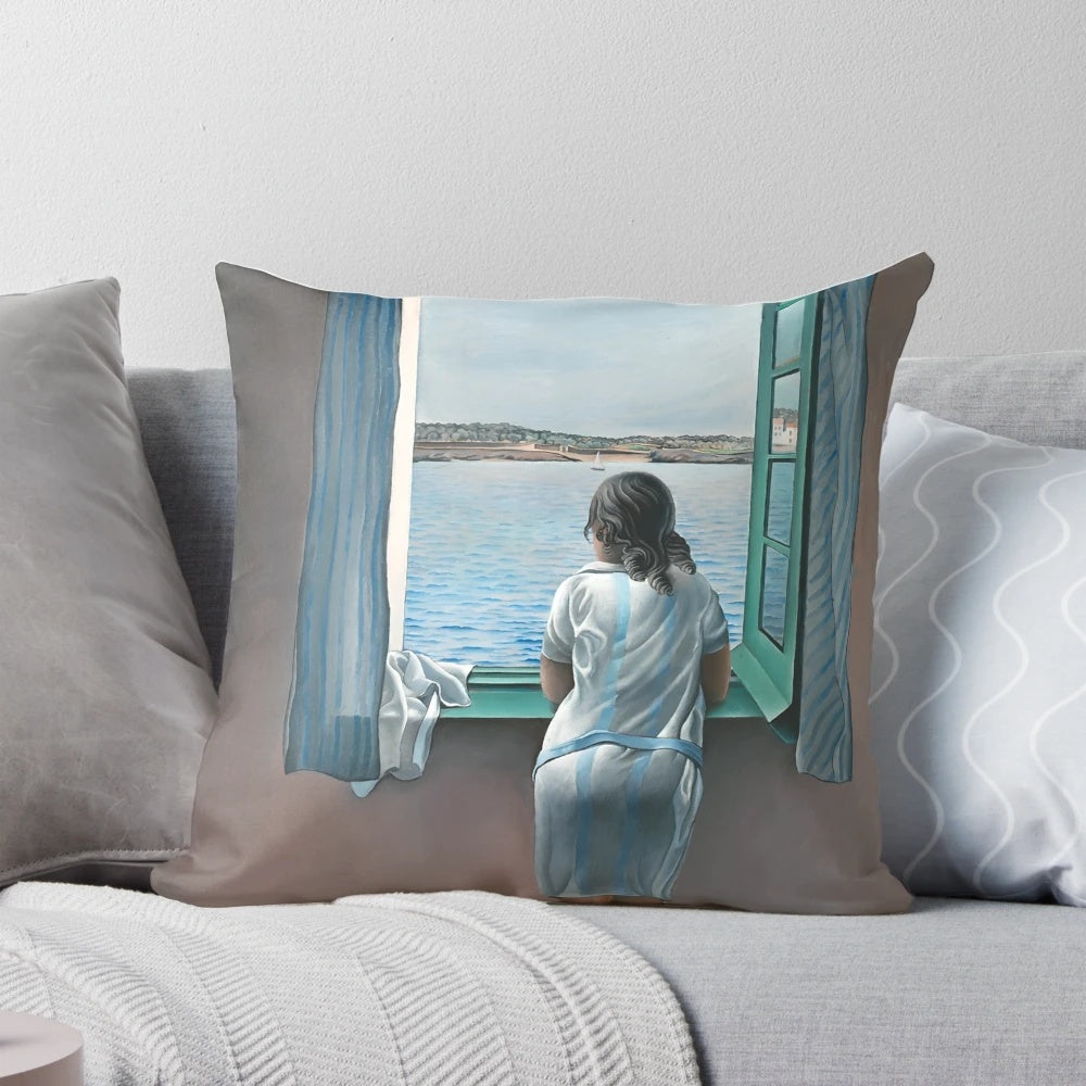 Vintage Salvador Dali painting "Woman at the Window" depicted on a colorful throw pillow with sailboats and a landscape in the background.