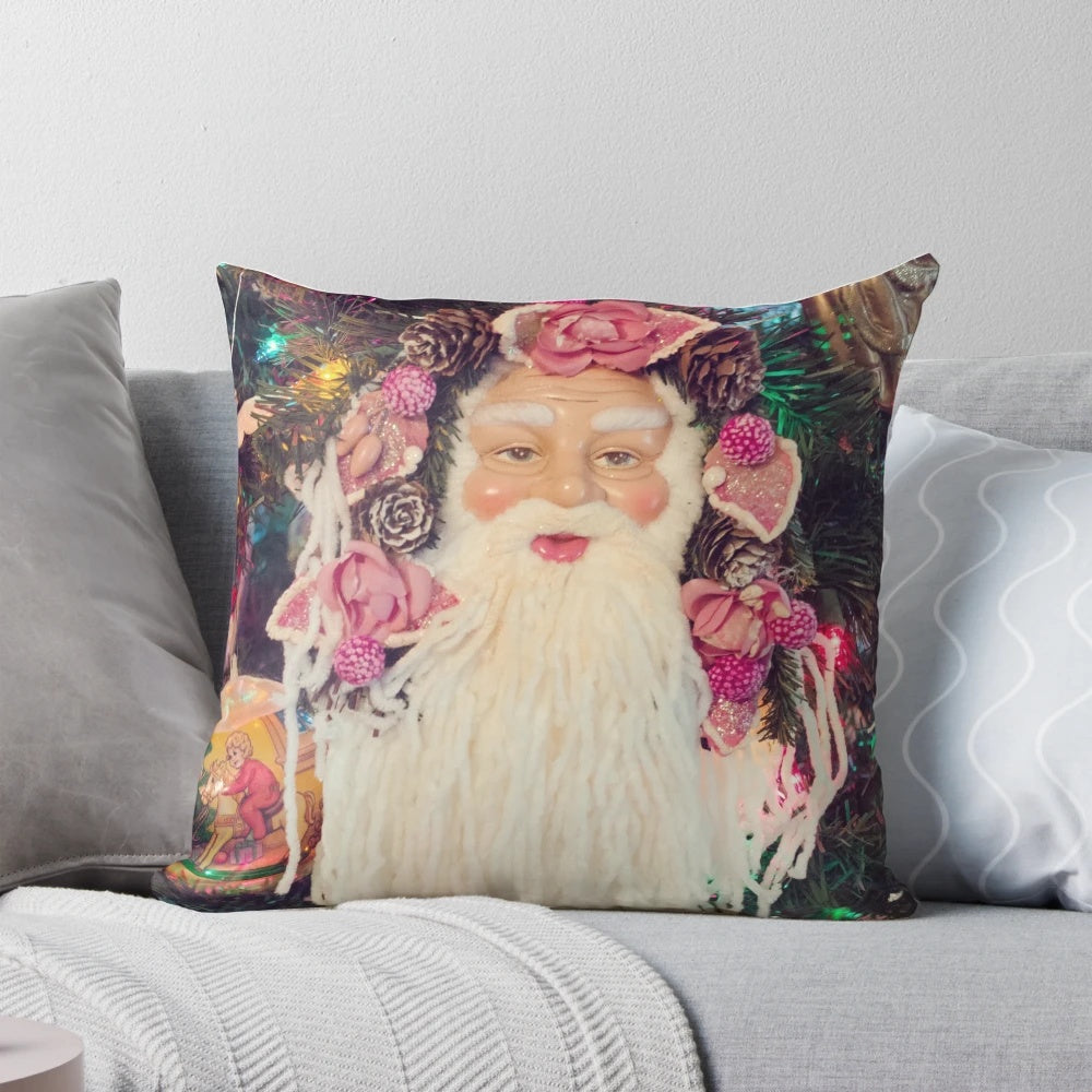 Vintage-style Santa Claus illustration on a cozy throw pillow