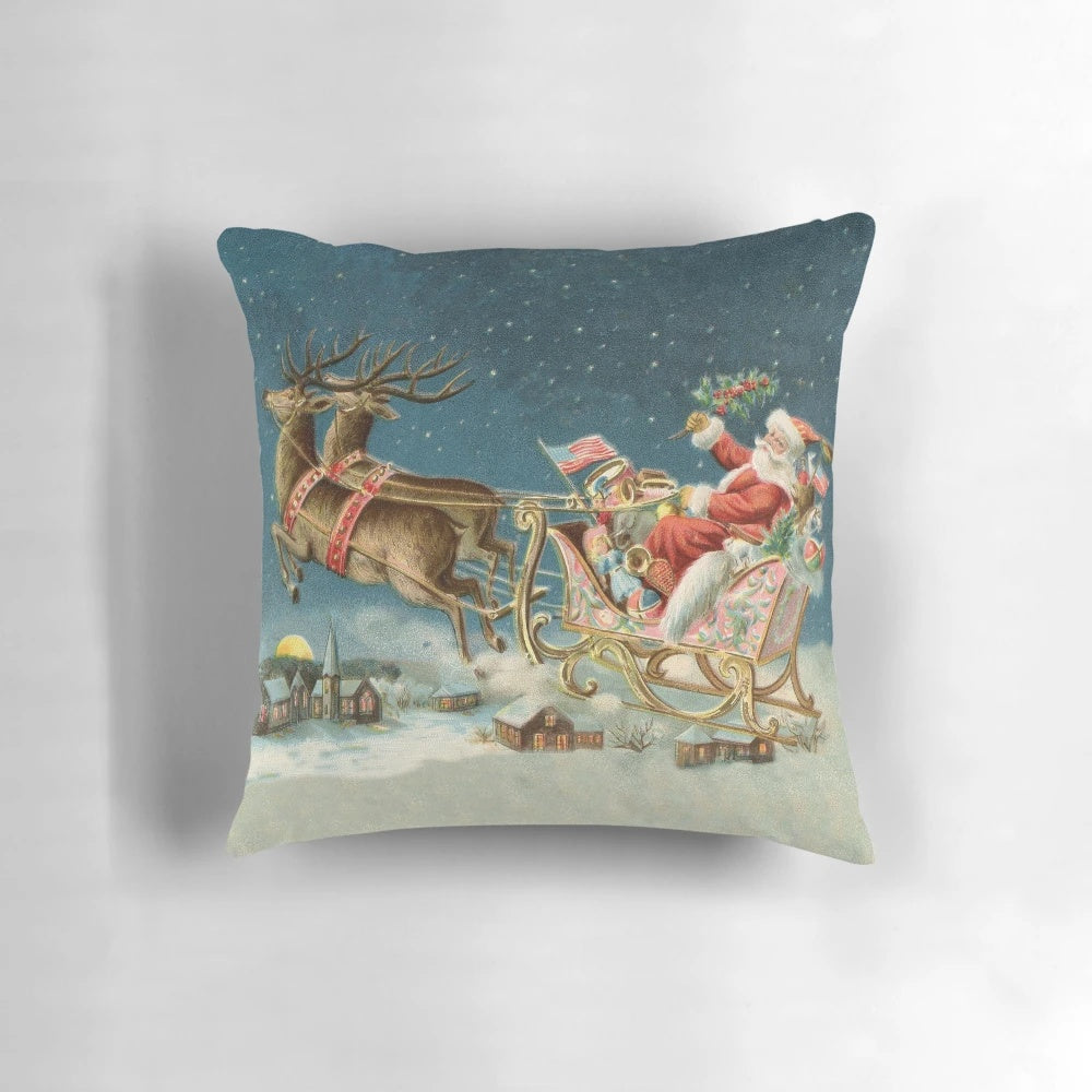 Vintage-style Santa Claus riding in a sleigh pulled by reindeer, a classic Christmas scene.