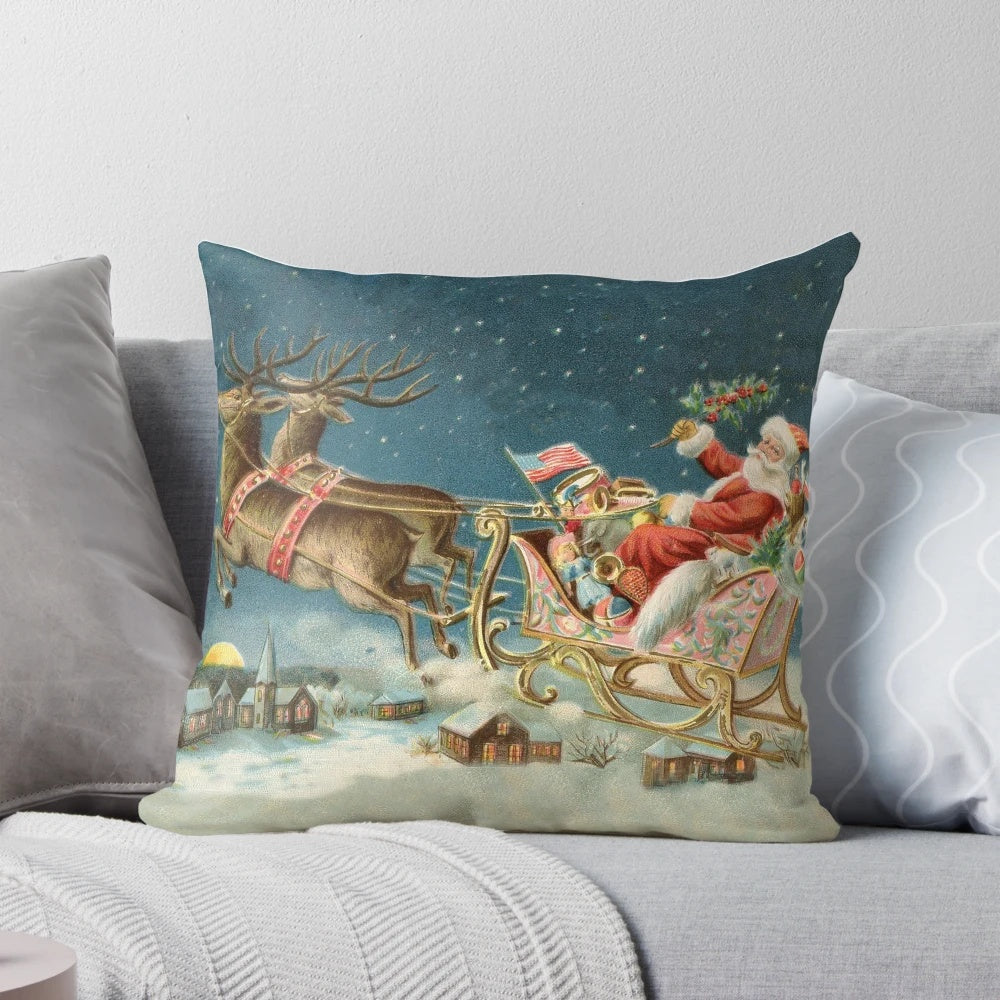 Vintage-style Santa Claus riding in a sleigh pulled by reindeer, a classic Christmas scene.