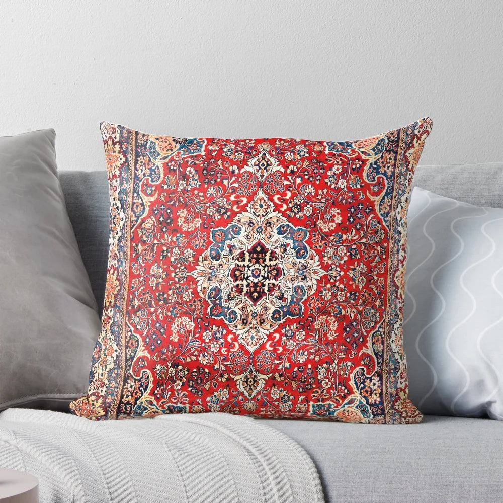 Vintage sarouk Persian carpet print throw pillow with vibrant red and blue colors