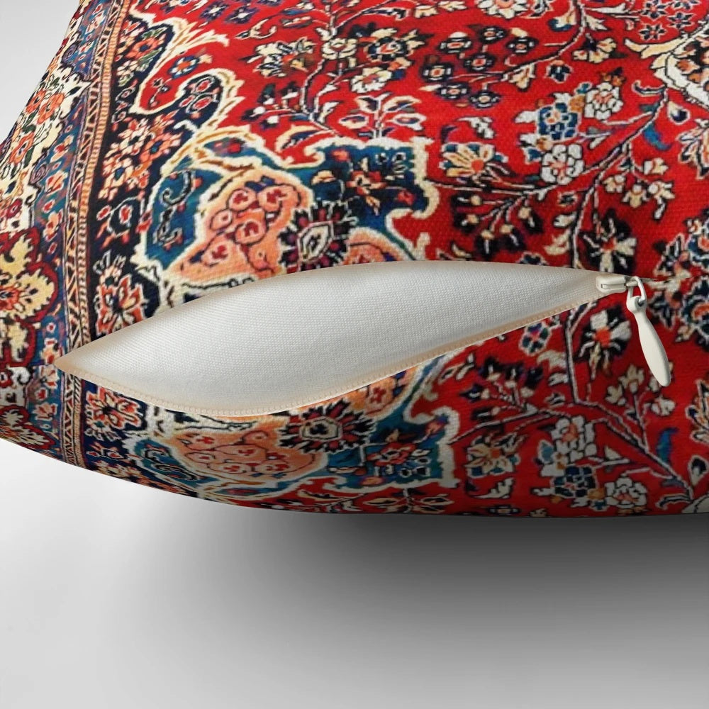 Vintage sarouk Persian carpet print throw pillow with vibrant red and blue colors
