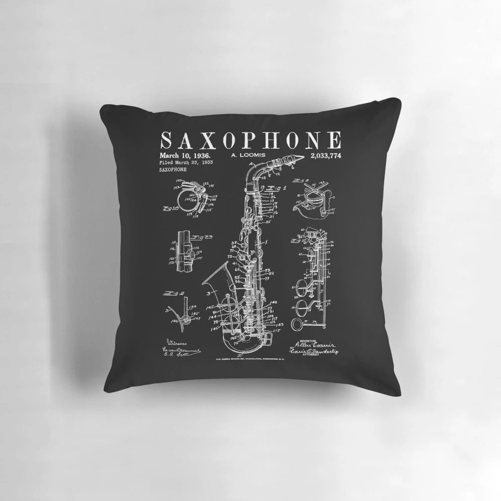 Vintage patent drawing of a saxophone printed on a throw pillow for jazz and music enthusiasts.
