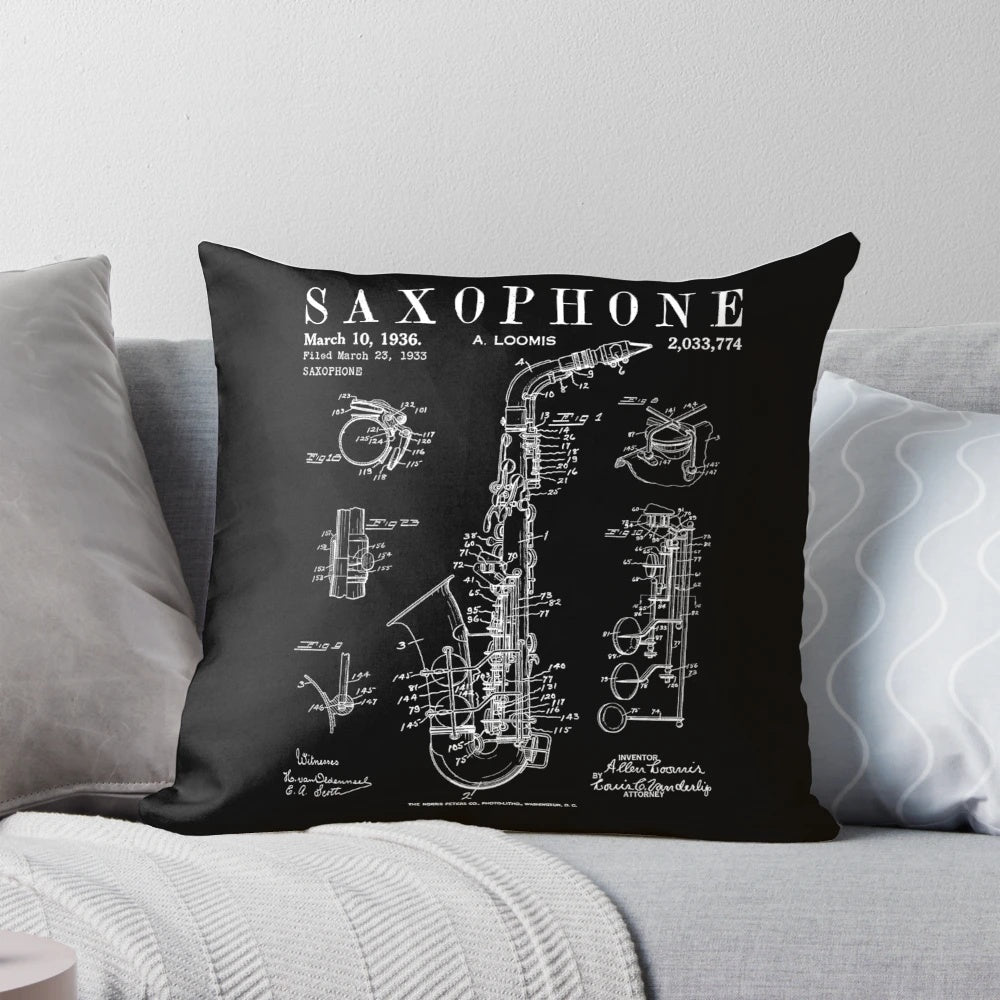 Vintage patent drawing of a saxophone printed on a throw pillow for jazz and music enthusiasts.