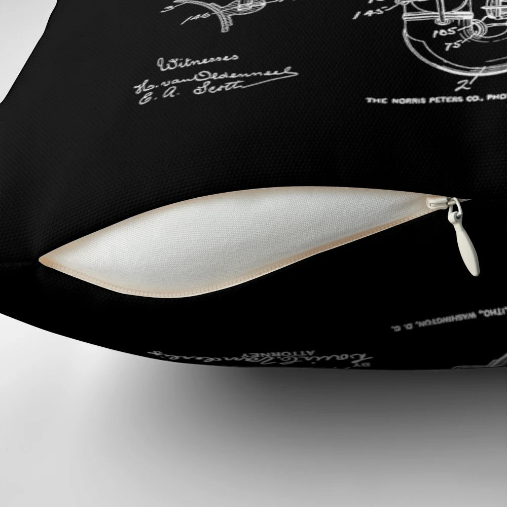 Vintage patent drawing of a saxophone printed on a throw pillow for jazz and music enthusiasts.