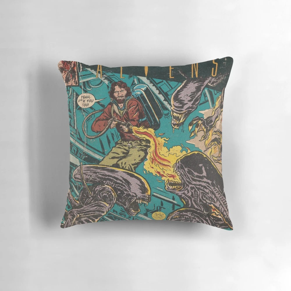 Vintage-style sci-fi comic cover art pillow featuring The Thing fighting Aliens