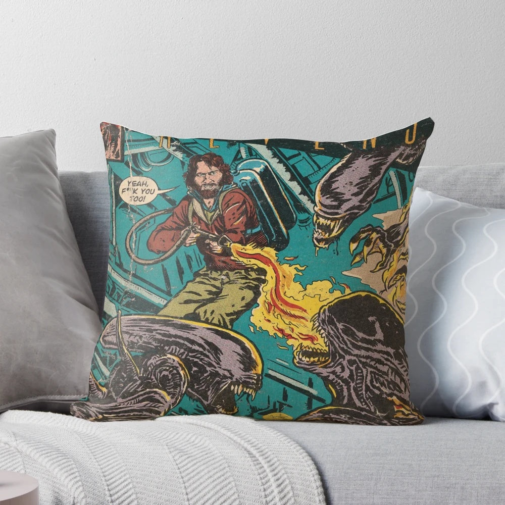 Vintage-style sci-fi comic cover art pillow featuring The Thing fighting Aliens