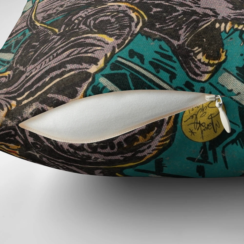 Vintage-style sci-fi comic cover art pillow featuring The Thing fighting Aliens