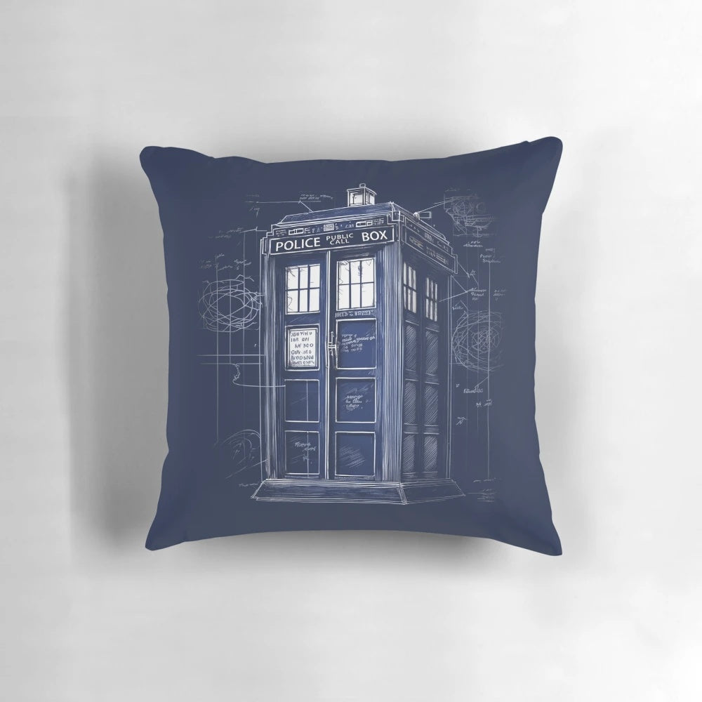 Vintage-style pillow featuring a blueprint-style sketch of a retro police phone booth with "space-time dimensions" text