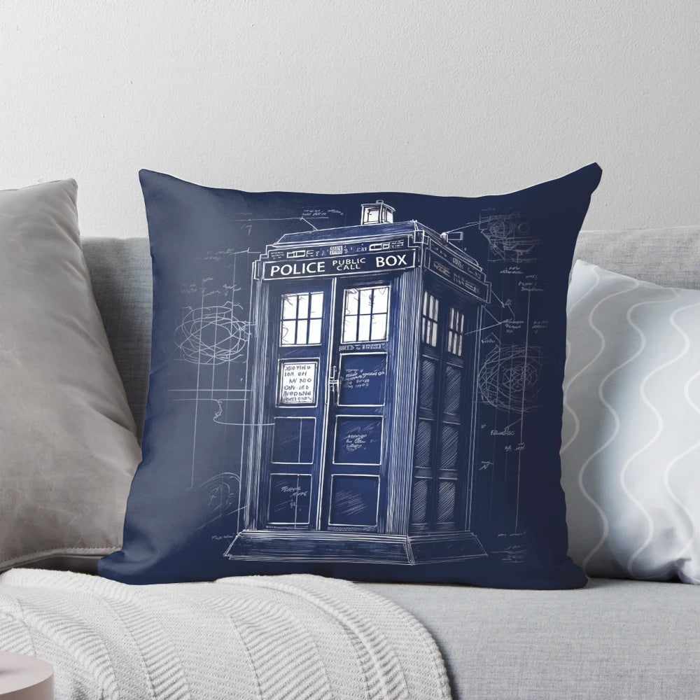 Vintage-style pillow featuring a blueprint-style sketch of a retro police phone booth with "space-time dimensions" text