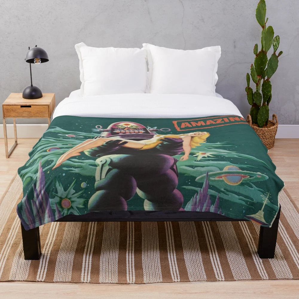 Vintage sci-fi inspired plush blanket featuring retro Forbidden Planet movie design