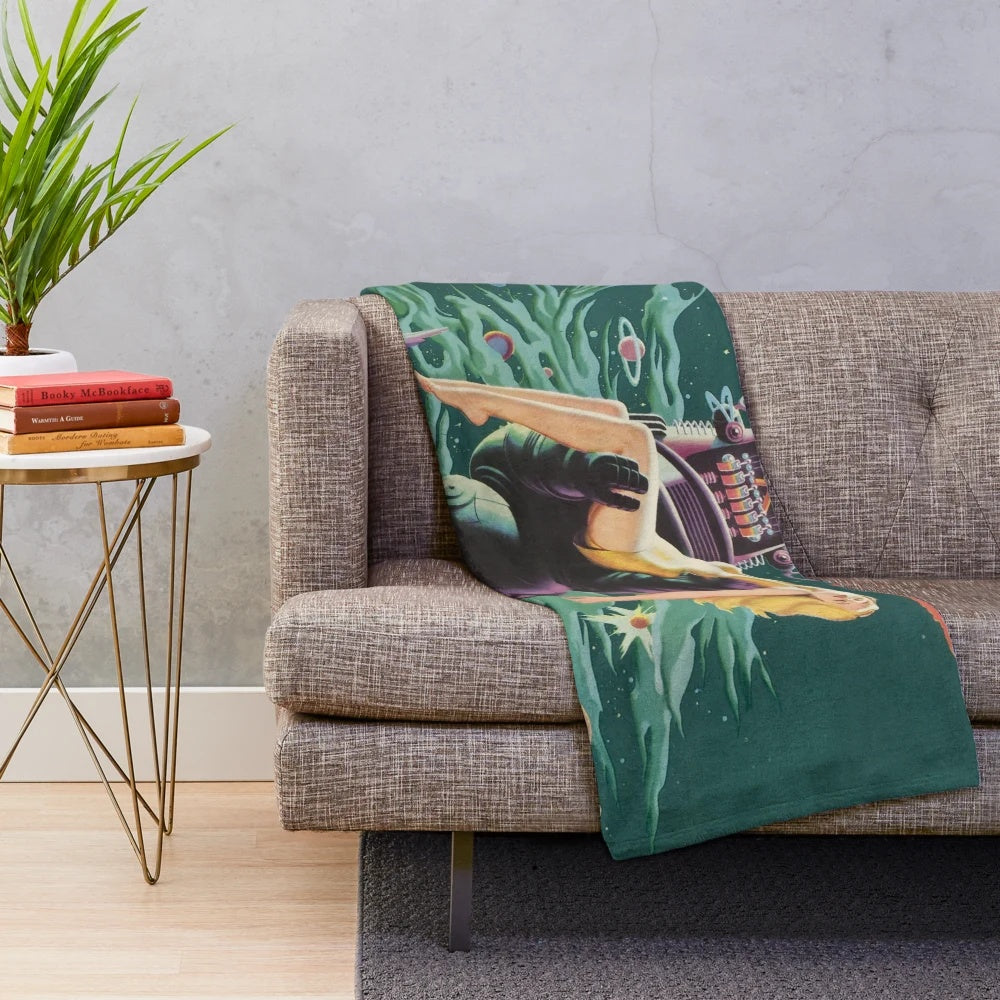 Vintage sci-fi inspired plush blanket featuring retro Forbidden Planet movie design