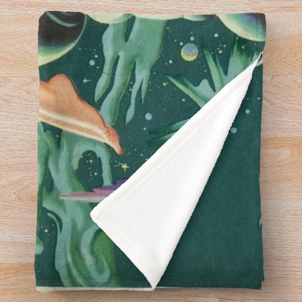 Vintage sci-fi inspired plush blanket featuring retro Forbidden Planet movie design