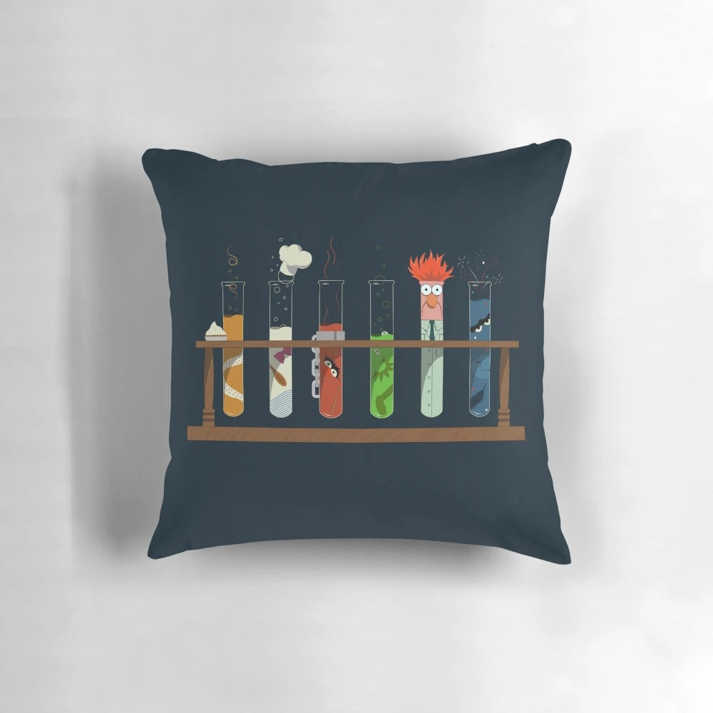 Vintage-style chemistry-themed pillow featuring Muppet characters