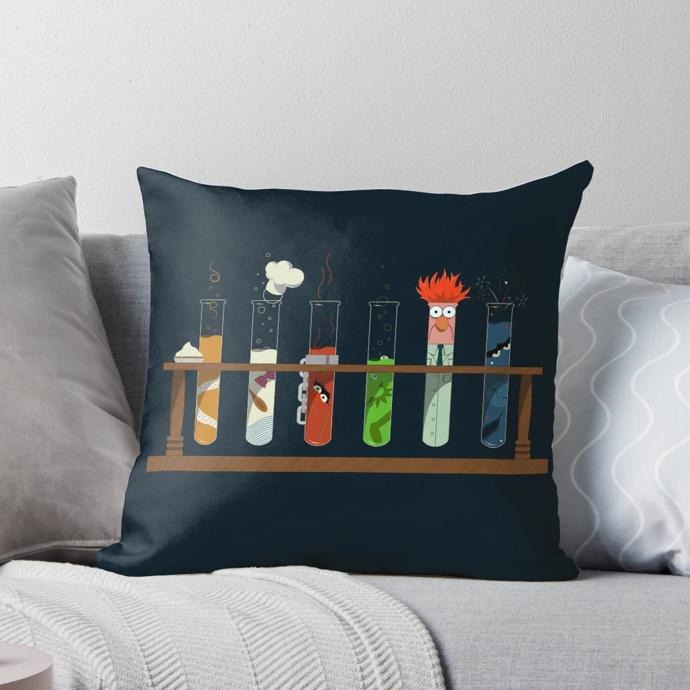 Vintage-style chemistry-themed pillow featuring Muppet characters