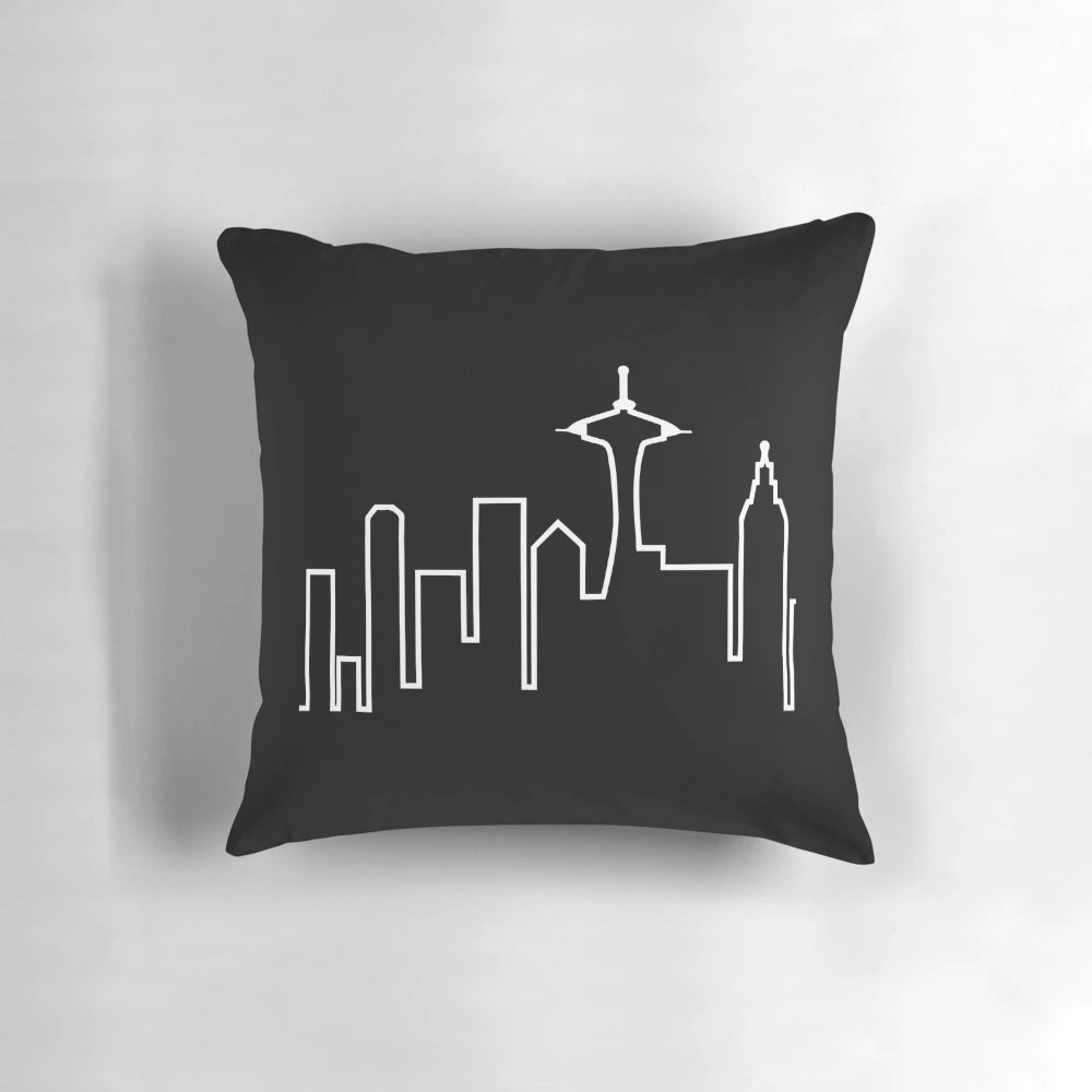 Vintage-style pillow featuring the Seattle skyline, inspired by the popular TV show Frasier
