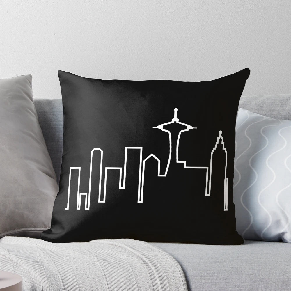 Vintage-style pillow featuring the Seattle skyline, inspired by the popular TV show Frasier