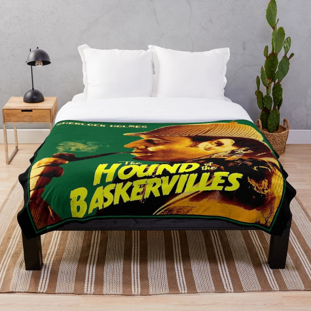 Vintage-style plush blanket featuring the iconic Sherlock Holmes and Hound of the Baskervilles imagery