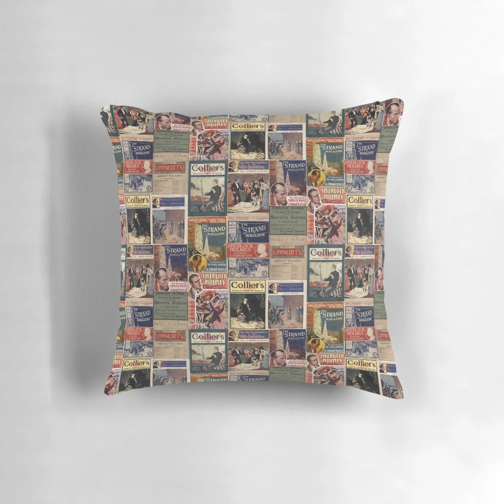 Sherlock Holmes-themed vintage magazine-inspired decorative throw pillow