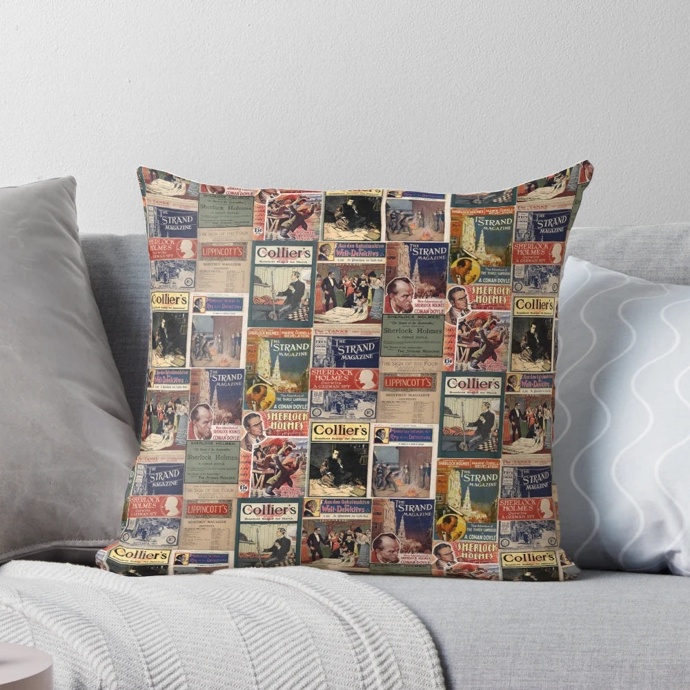 Sherlock Holmes-themed vintage magazine-inspired decorative throw pillow
