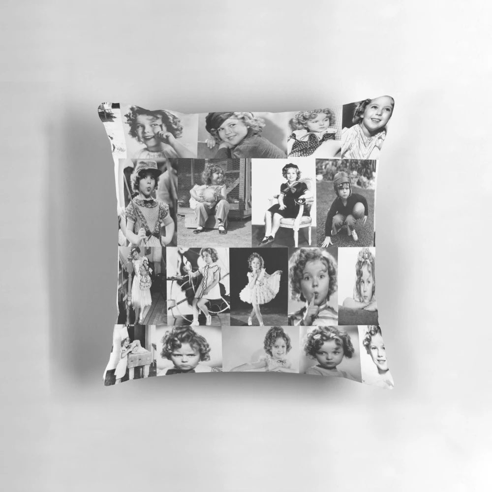 Vintage collage pillow featuring black and white photographs of iconic 1930s child star Shirley Temple