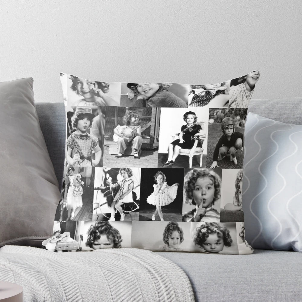 Vintage collage pillow featuring black and white photographs of iconic 1930s child star Shirley Temple