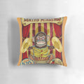 Vintage sideshow banner pillow featuring a jolly chimp cymbal player, inspired by Tom Waits' "Death's Minstrel