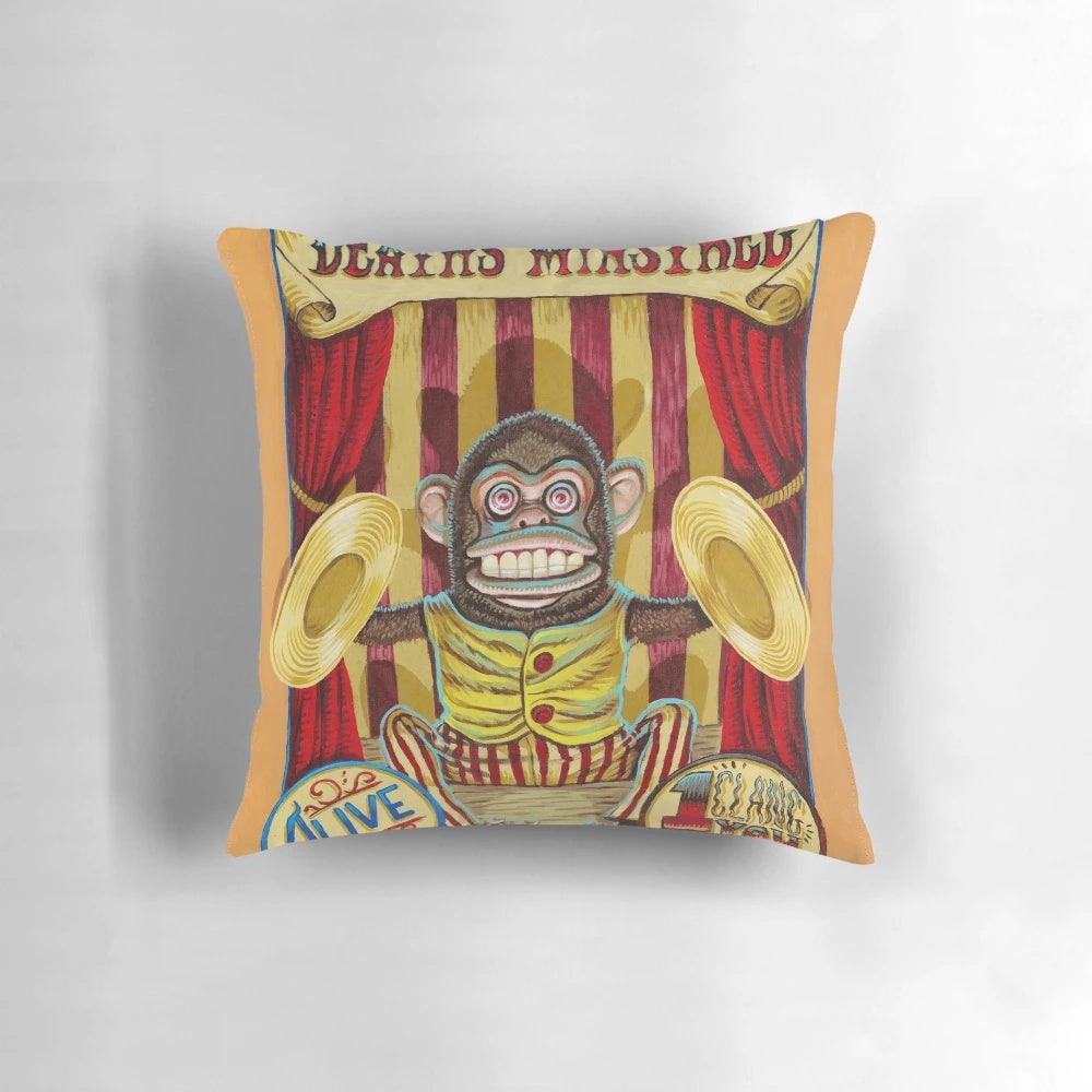 Vintage sideshow banner pillow featuring a jolly chimp cymbal player, inspired by Tom Waits' "Death's Minstrel