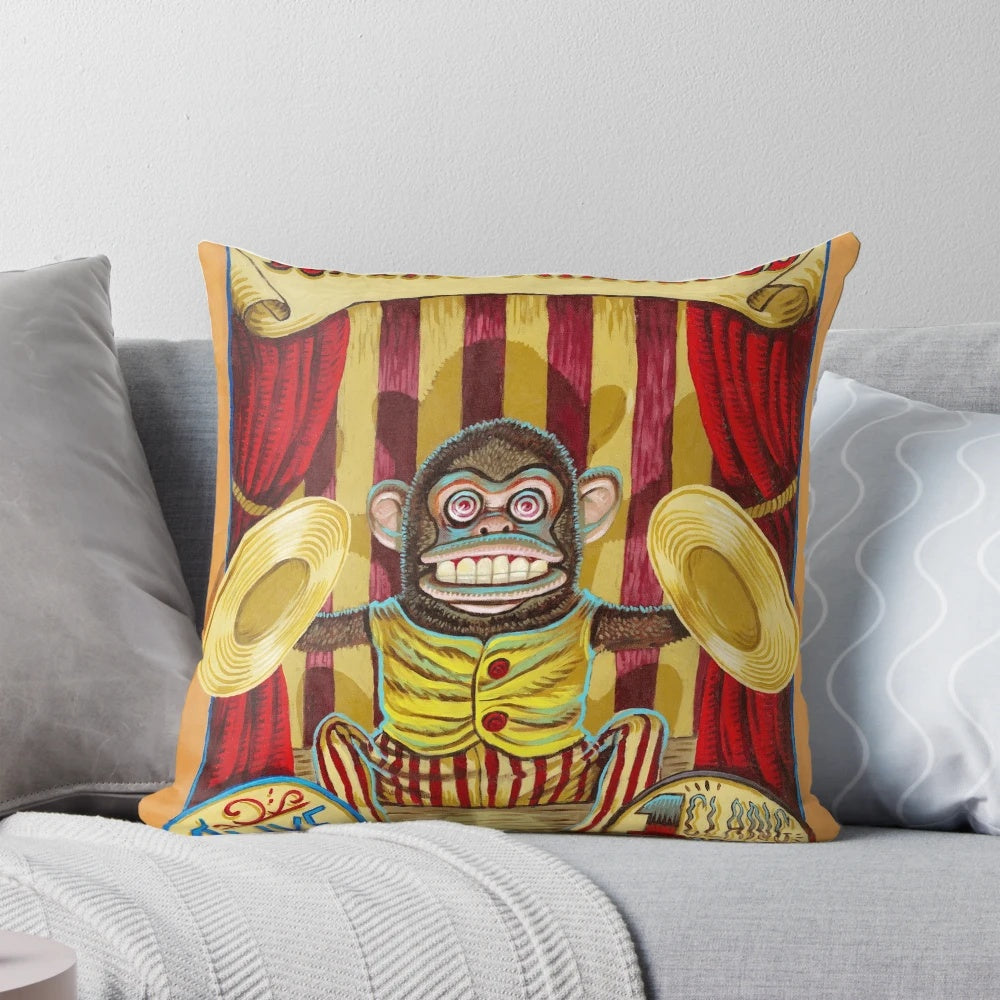 Vintage sideshow banner pillow featuring a jolly chimp cymbal player, inspired by Tom Waits' "Death's Minstrel