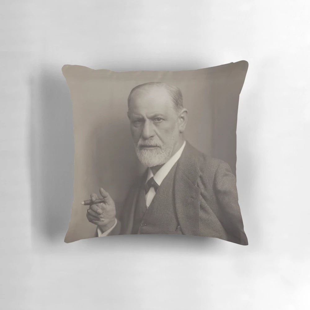 Decorative pillow featuring a vintage portrait of Sigmund Freud, the founder of psychoanalysis.