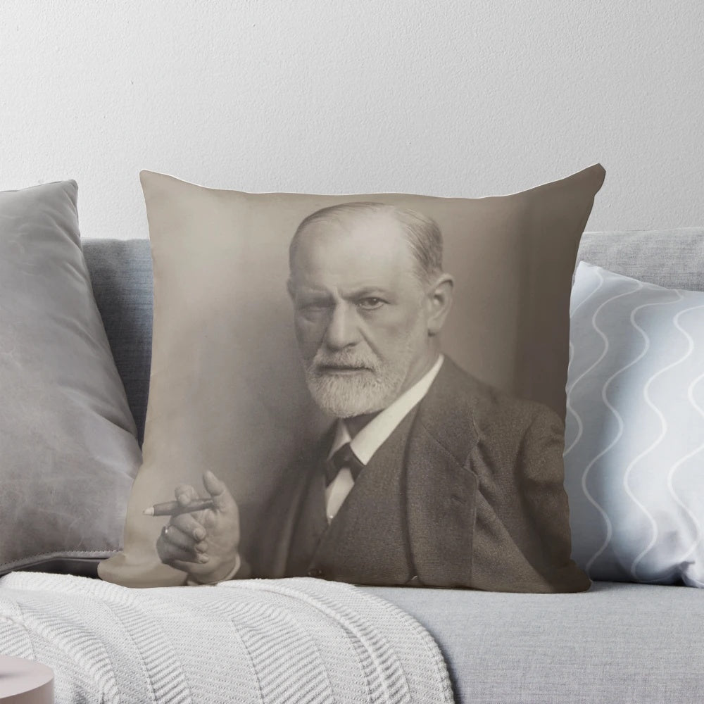Decorative pillow featuring a vintage portrait of Sigmund Freud, the founder of psychoanalysis.
