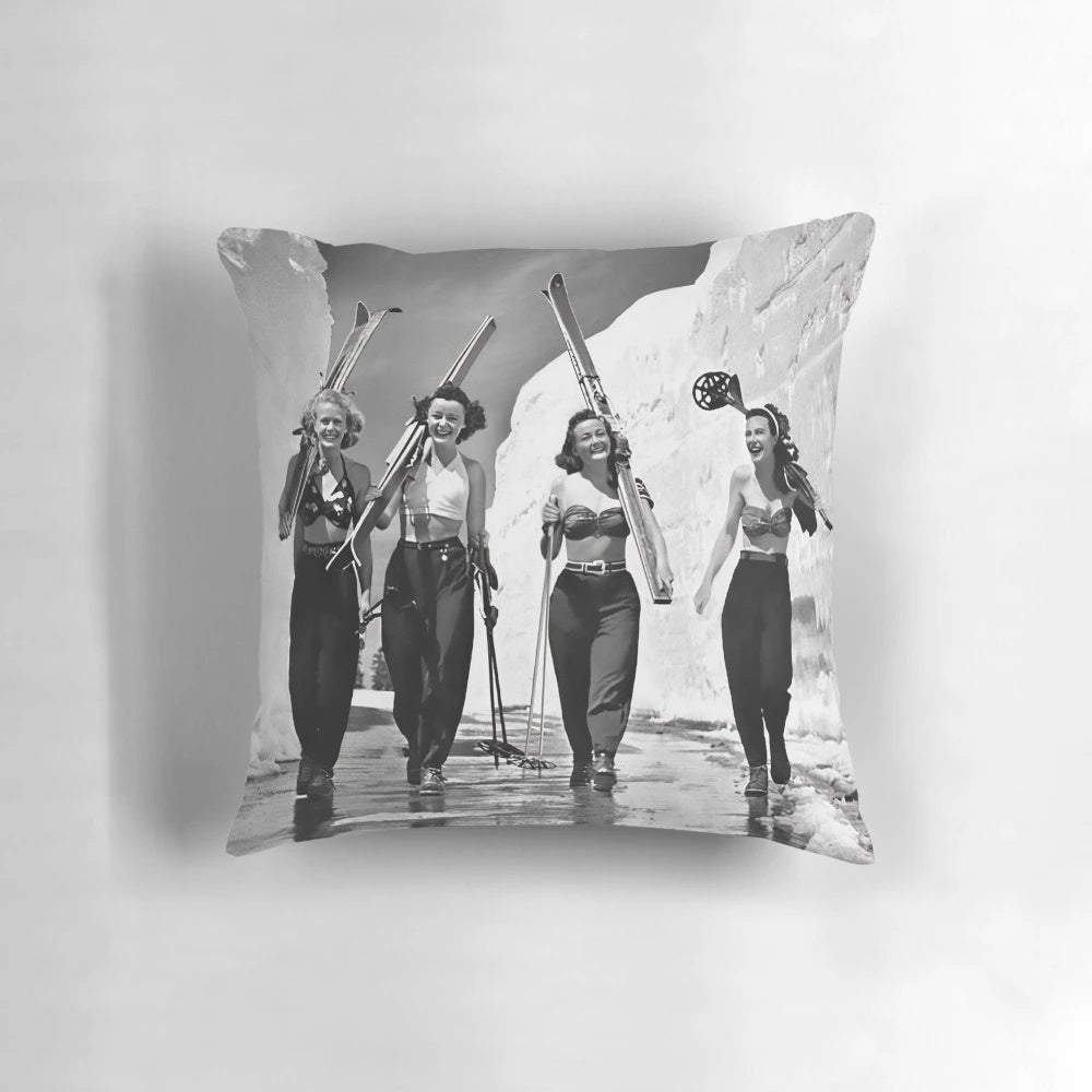 Vintage ski photo printed on a soft, decorative pillow for ski-themed room decor.