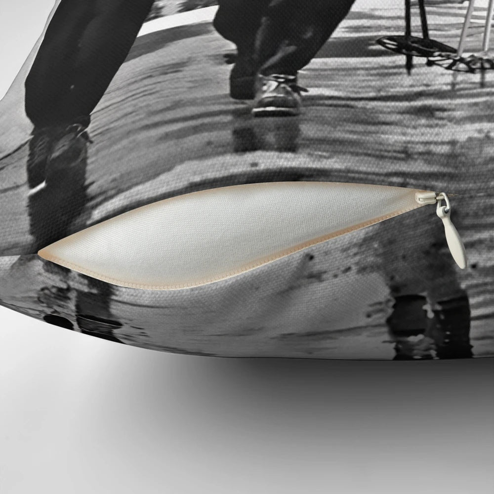 Vintage ski photo printed on a soft, decorative pillow for ski-themed room decor.